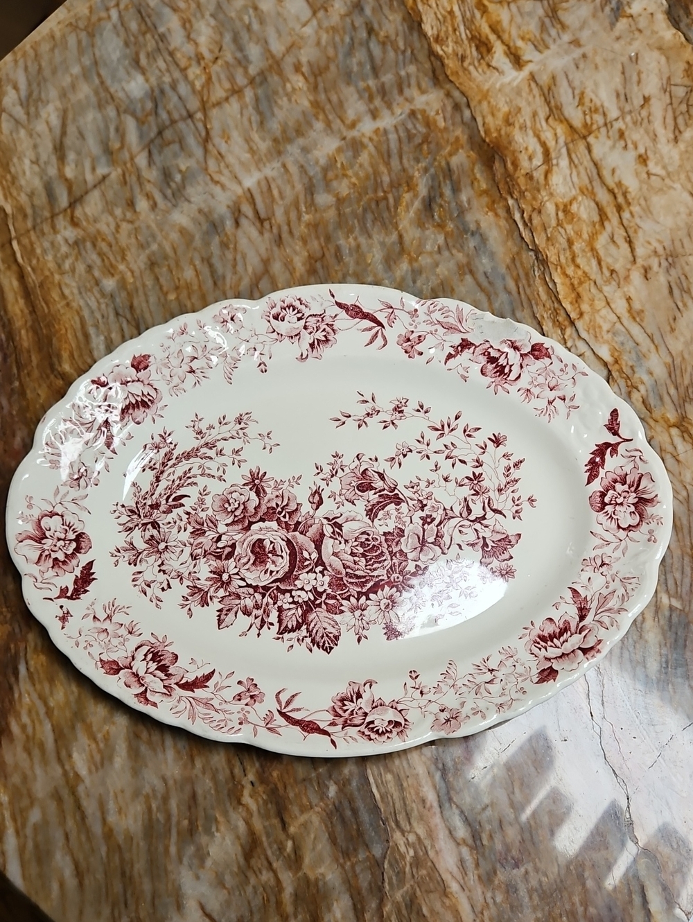 Taylor Smith & Taylor oval serving platter plate, pink Red  floral 1241, 11.25"